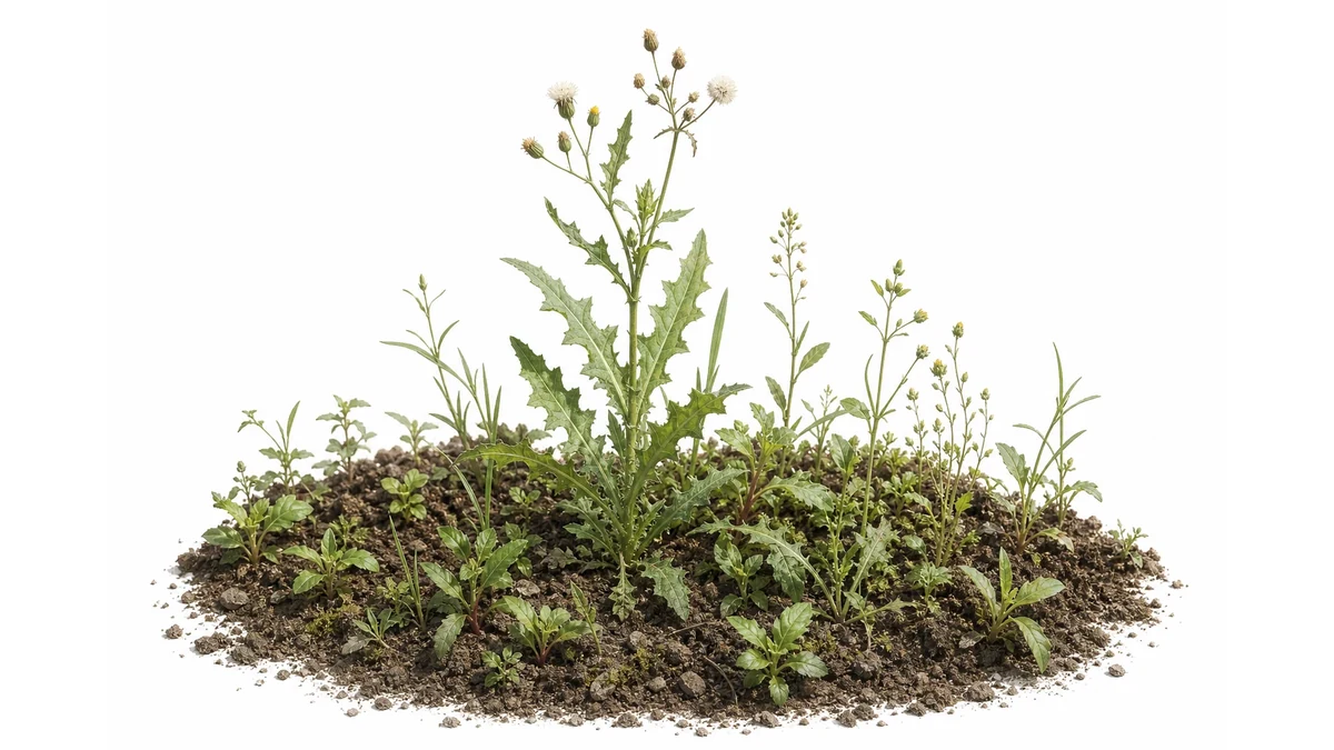 Editorial illustration of weeds growing quickly in a garden
