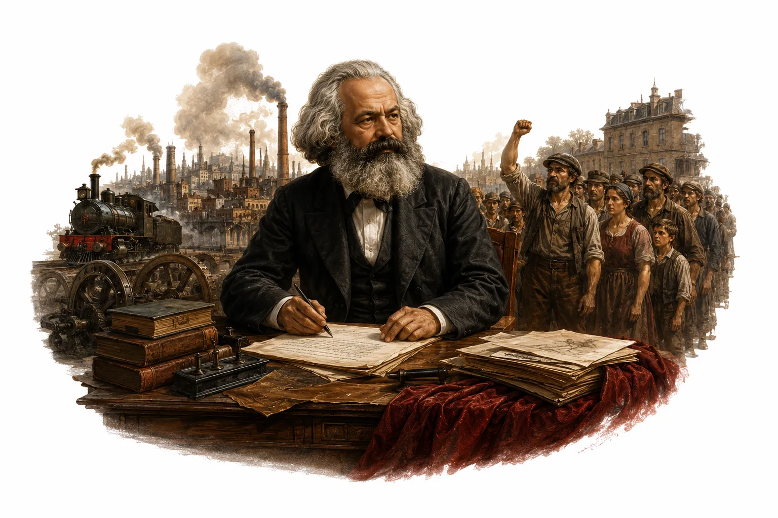 Editorial illustration of Karl Marx with the Communist Manifesto and revolutionary imagery
