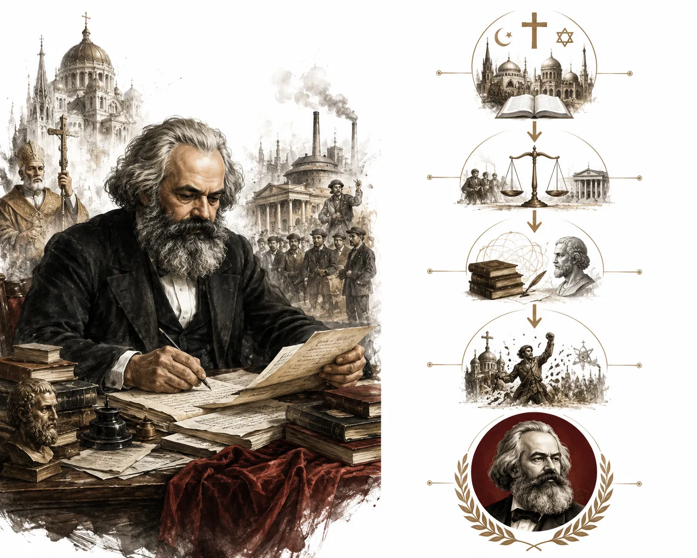 Editorial illustration of Karl Marx with religious symbols dissolving in the background