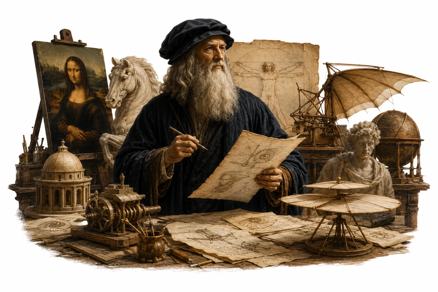 Editorial illustration of Leonardo da Vinci with his companion Salai