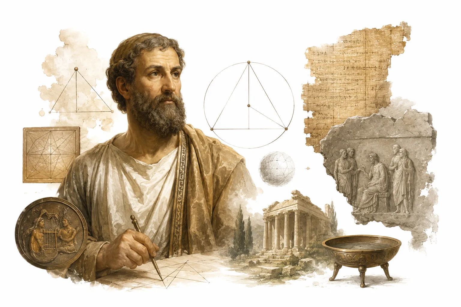 Editorial illustration of Pythagoras teaching followers in a secret meeting