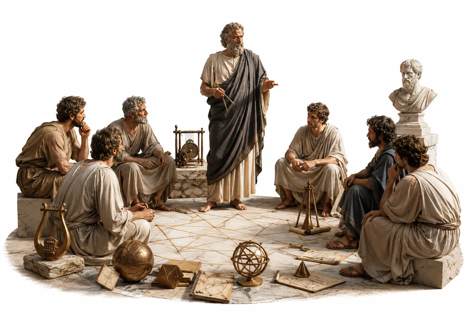 Editorial illustration of a shadowy figure of Pythagoras with a question mark