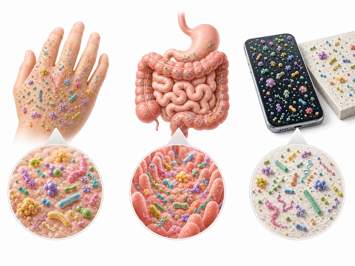Diagram showing bacterial density across skin, gut, and everyday surfaces
