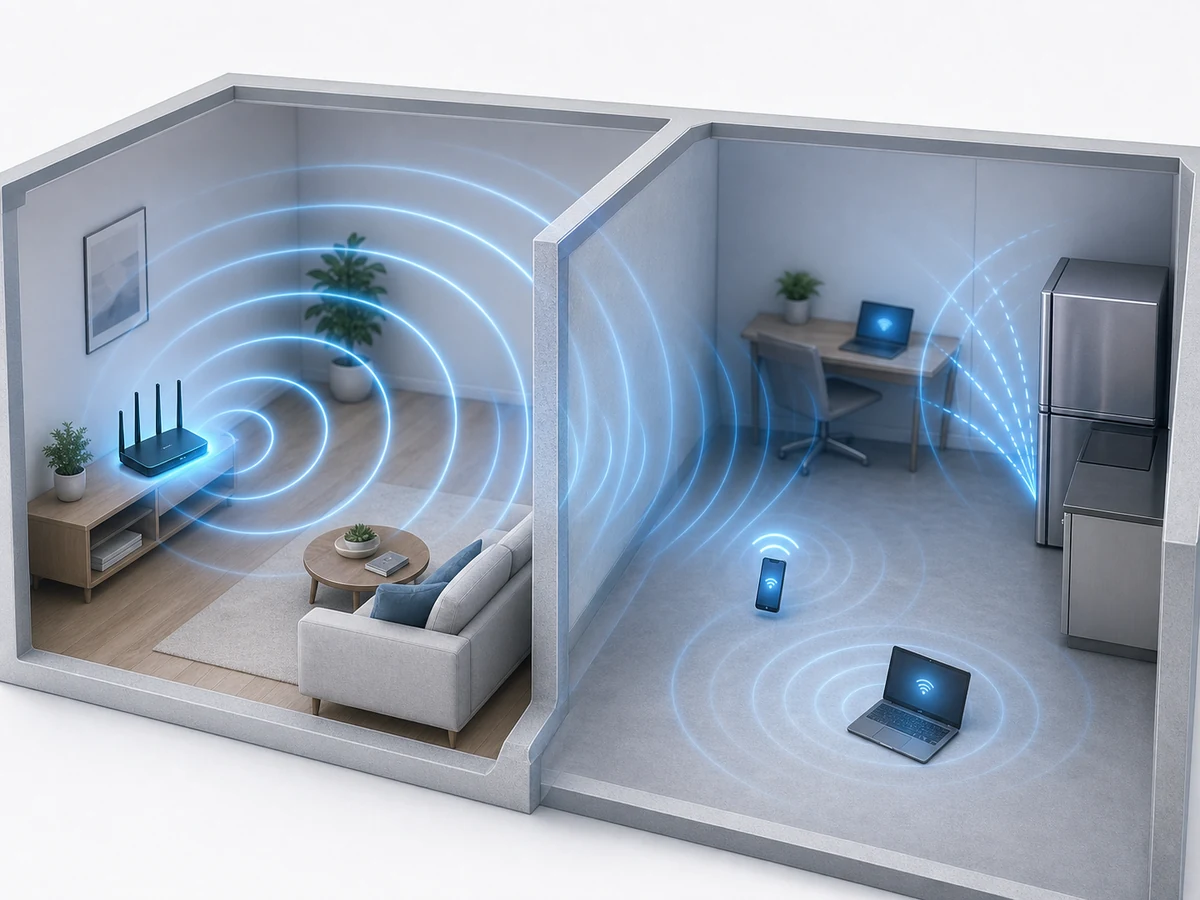 Diagram showing wifi signal waves radiating from a router through walls