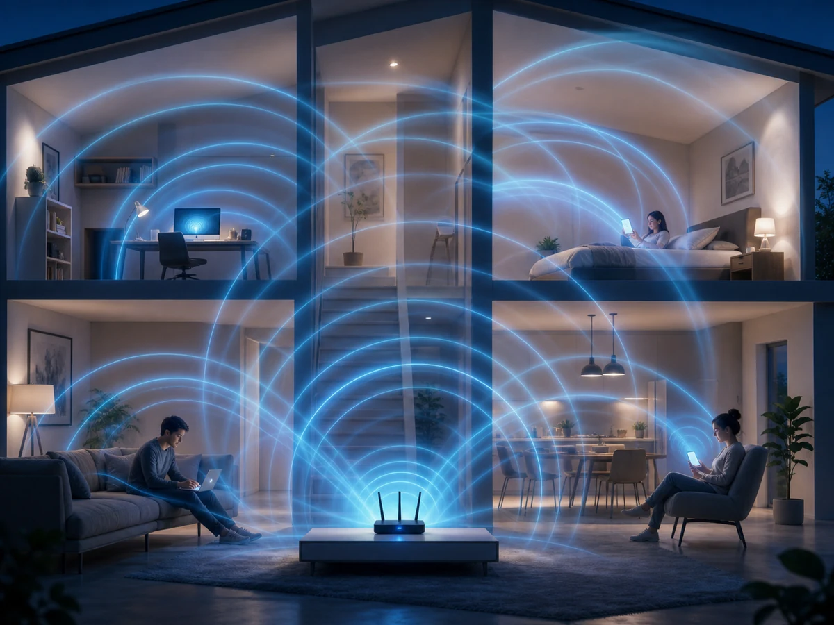 Editorial illustration of glowing wireless signal waves radiating through a house