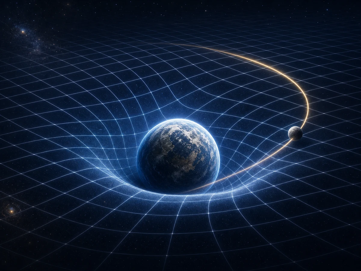 Diagram showing a planet creating a dent in a spacetime grid with a smaller object orbiting the curve