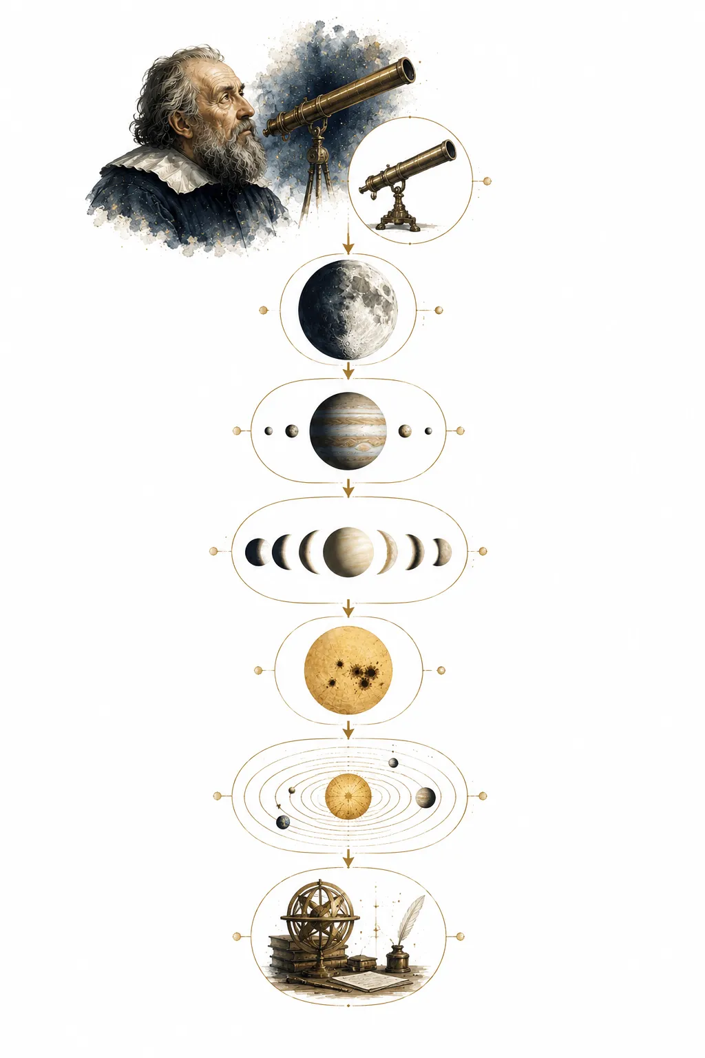 Diagram of Galileo's five major telescope discoveries and their significance