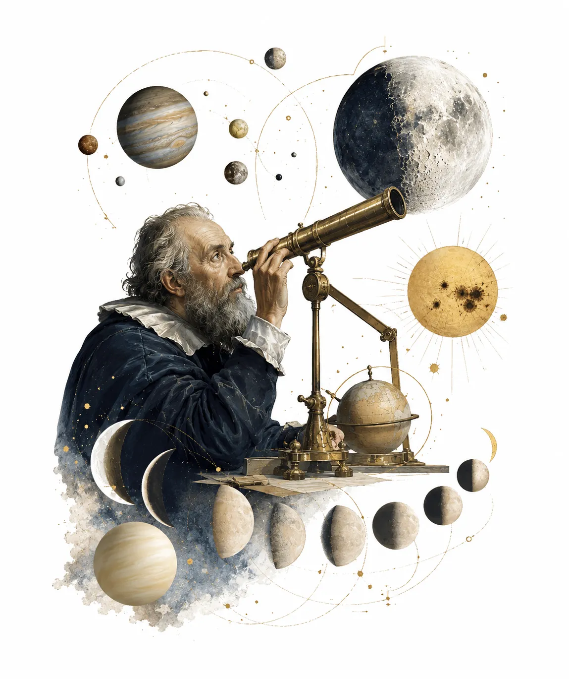 Editorial illustration of Galileo's telescope observations including Jupiter's moons and the lunar surface