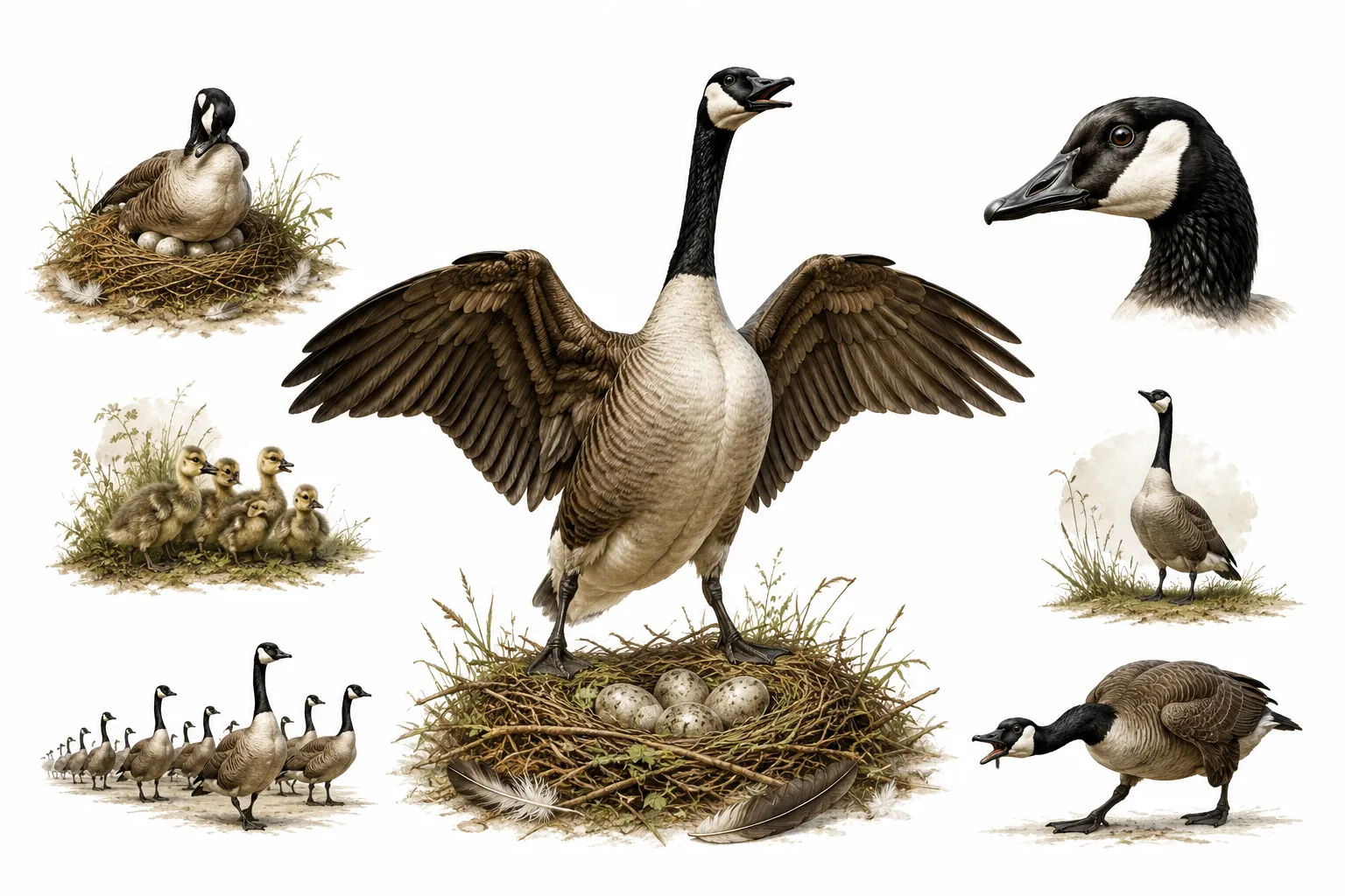 Editorial illustration of a Canada goose standing tall, hissing at a silhouette of a person walking a dog