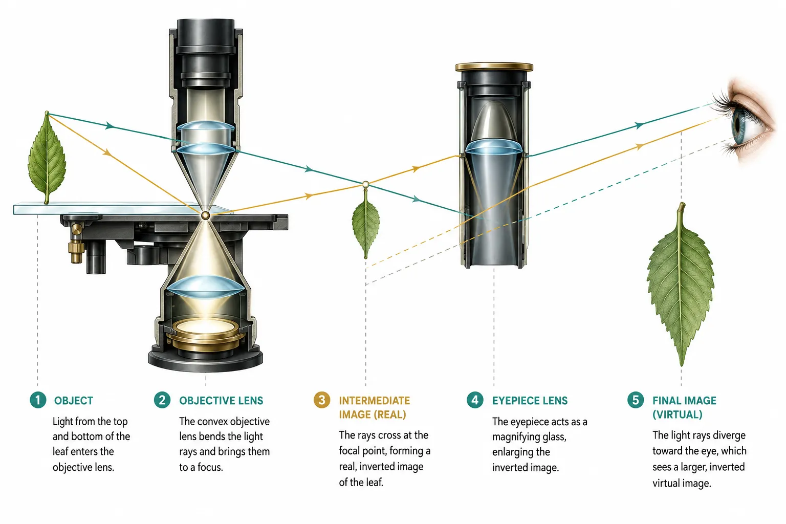 Diagram showing microscope lenses crossing light rays and inverting an image