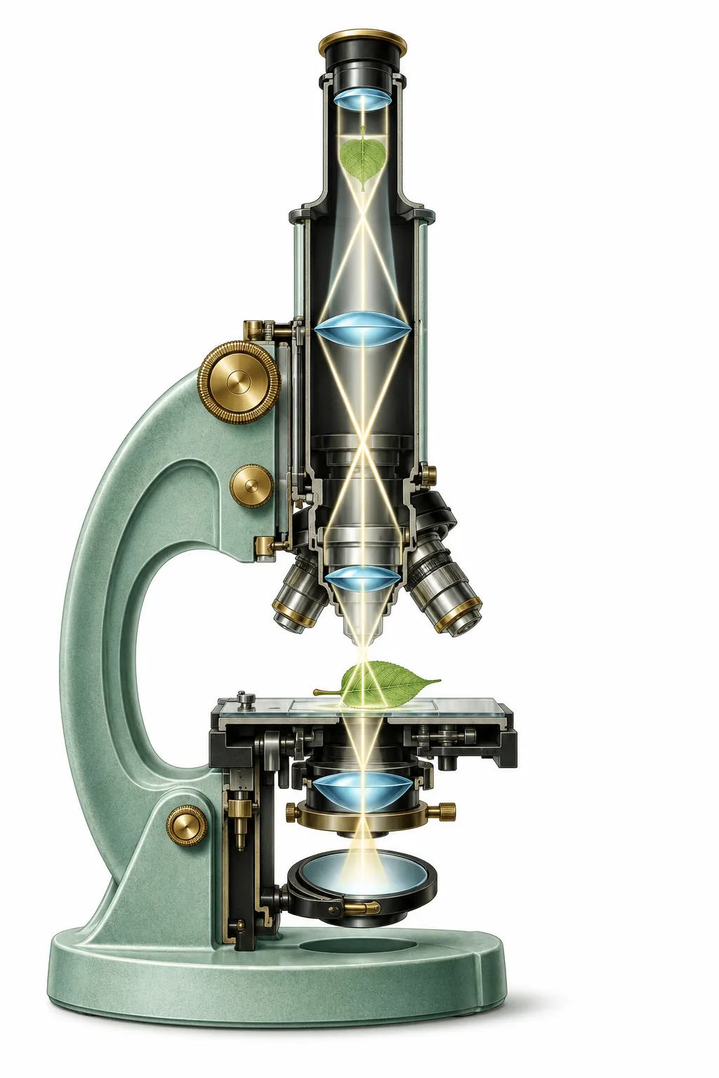 Editorial illustration showing light rays crossing inside a microscope lens to create an inverted image