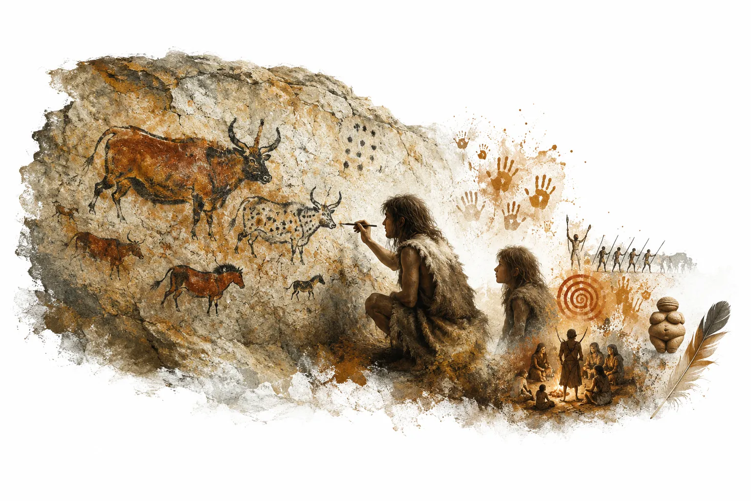 Editorial illustration of the Great Hall of the Bulls in Lascaux, showing large prehistoric animal paintings on a cave wall