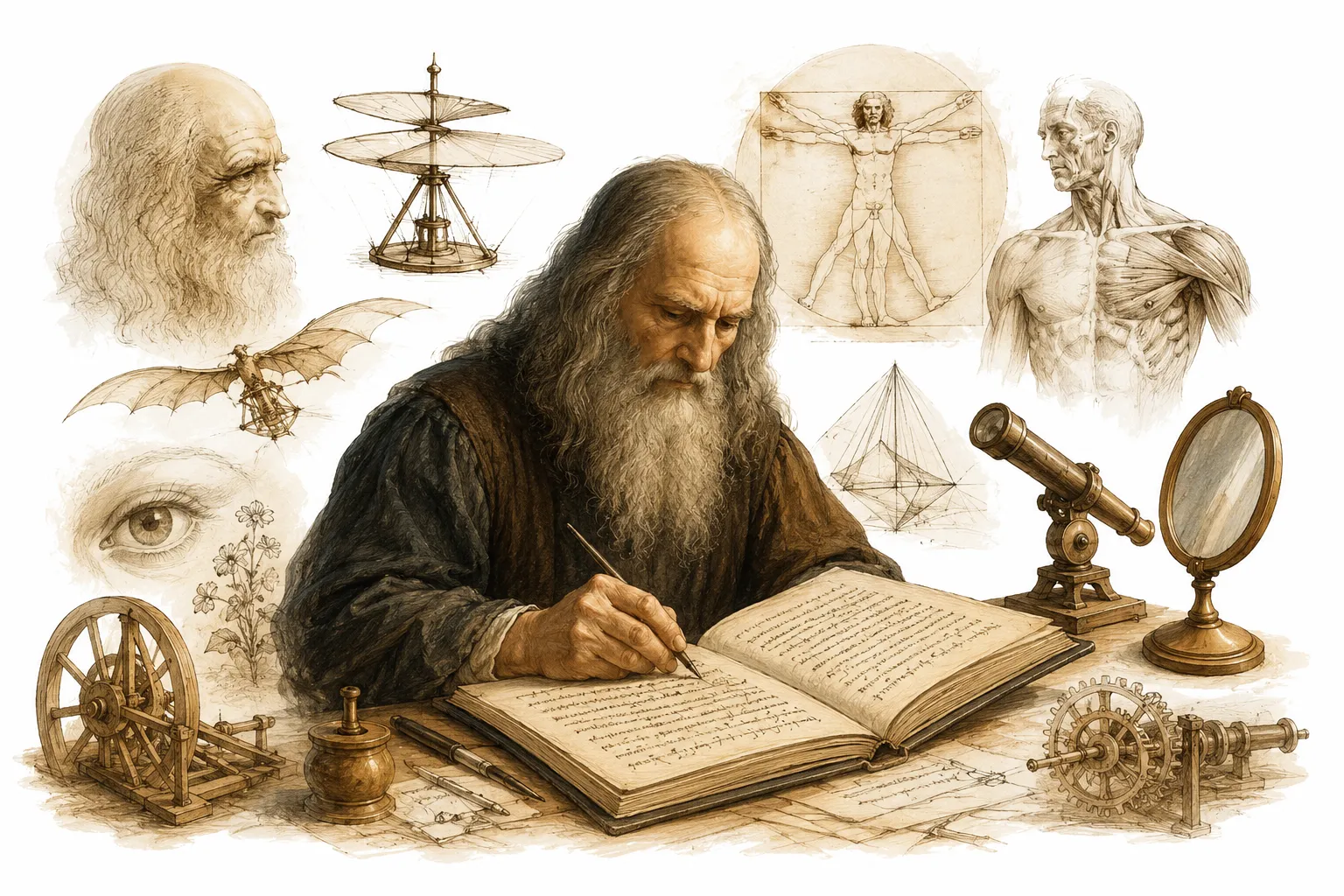 Editorial illustration of Leonardo da Vinci writing in a notebook with his left hand