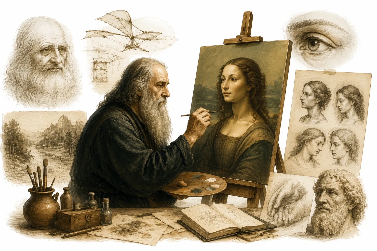 Editorial illustration of Leonardo da Vinci painting the Mona Lisa with a mysterious smile
