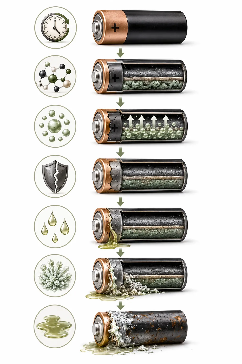 Cross-section of an alkaline battery showing gas pressure building and bursting the top seal