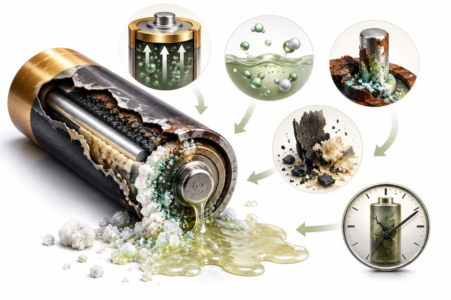 A battery compartment heavily corroded with white, crusty battery leakage