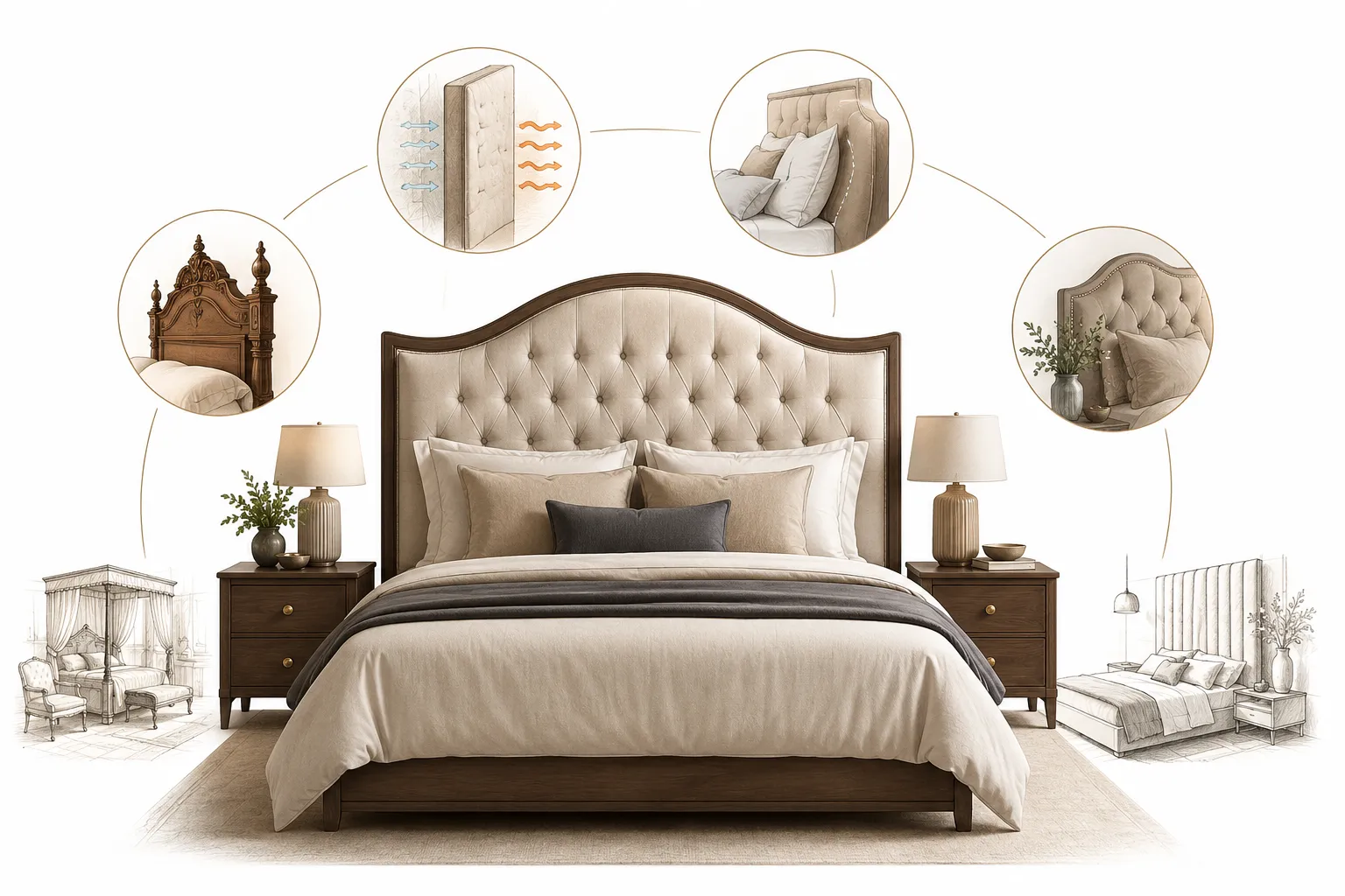 Editorial illustration of a medieval bed with a massive carved wooden headboard blocking a drafty stone wall