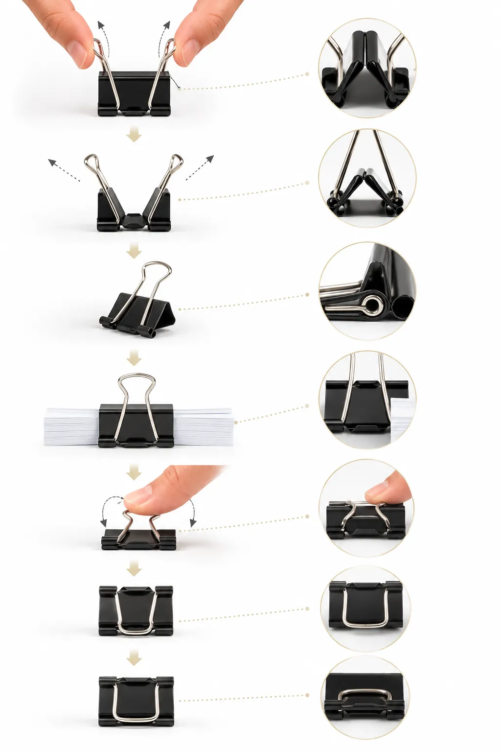 Three views of a binder clip: handles up (open), handles folded (locked), handles removed (permanent)
