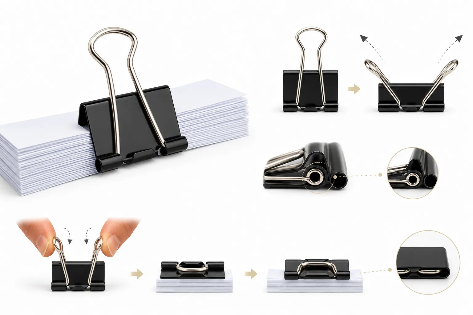A binder clip with one handle folded down and one handle prying the jaws open