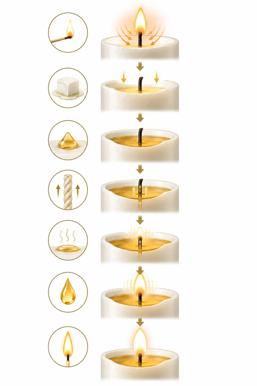 Cross-section of a candle flame showing liquid wax being drawn up the wick and vaporizing