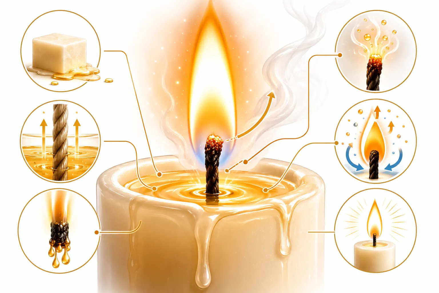 Macro shot of a candle flame, showing the liquid wax being drawn up the wick