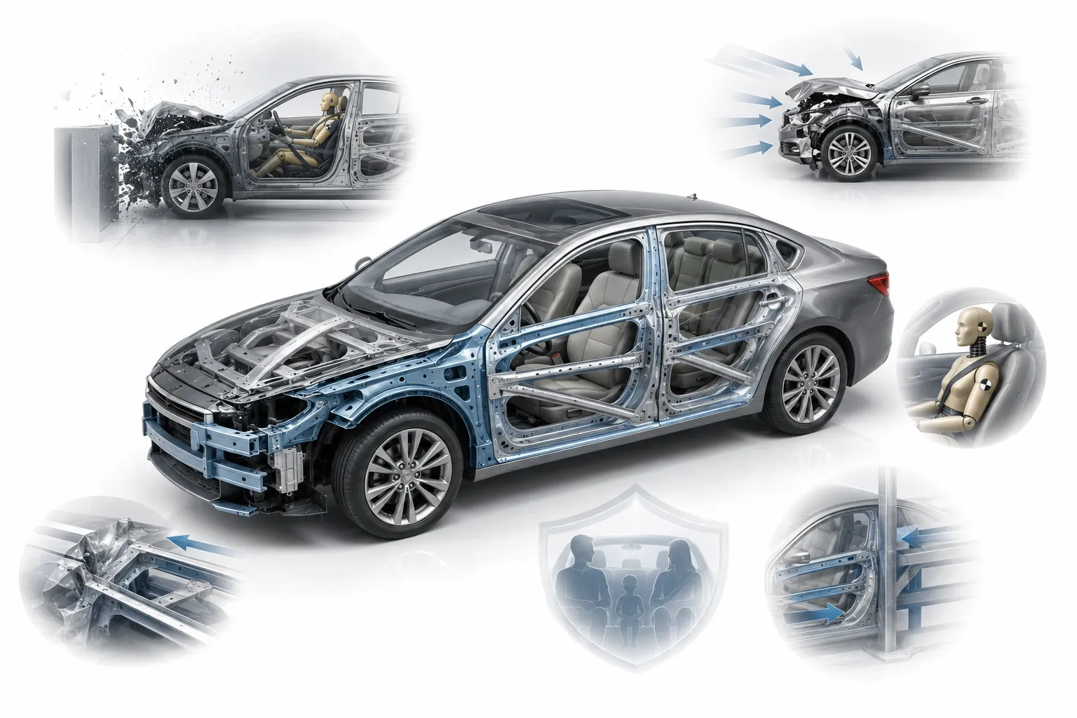 Front of a car showing crumple zone deformation after a crash test