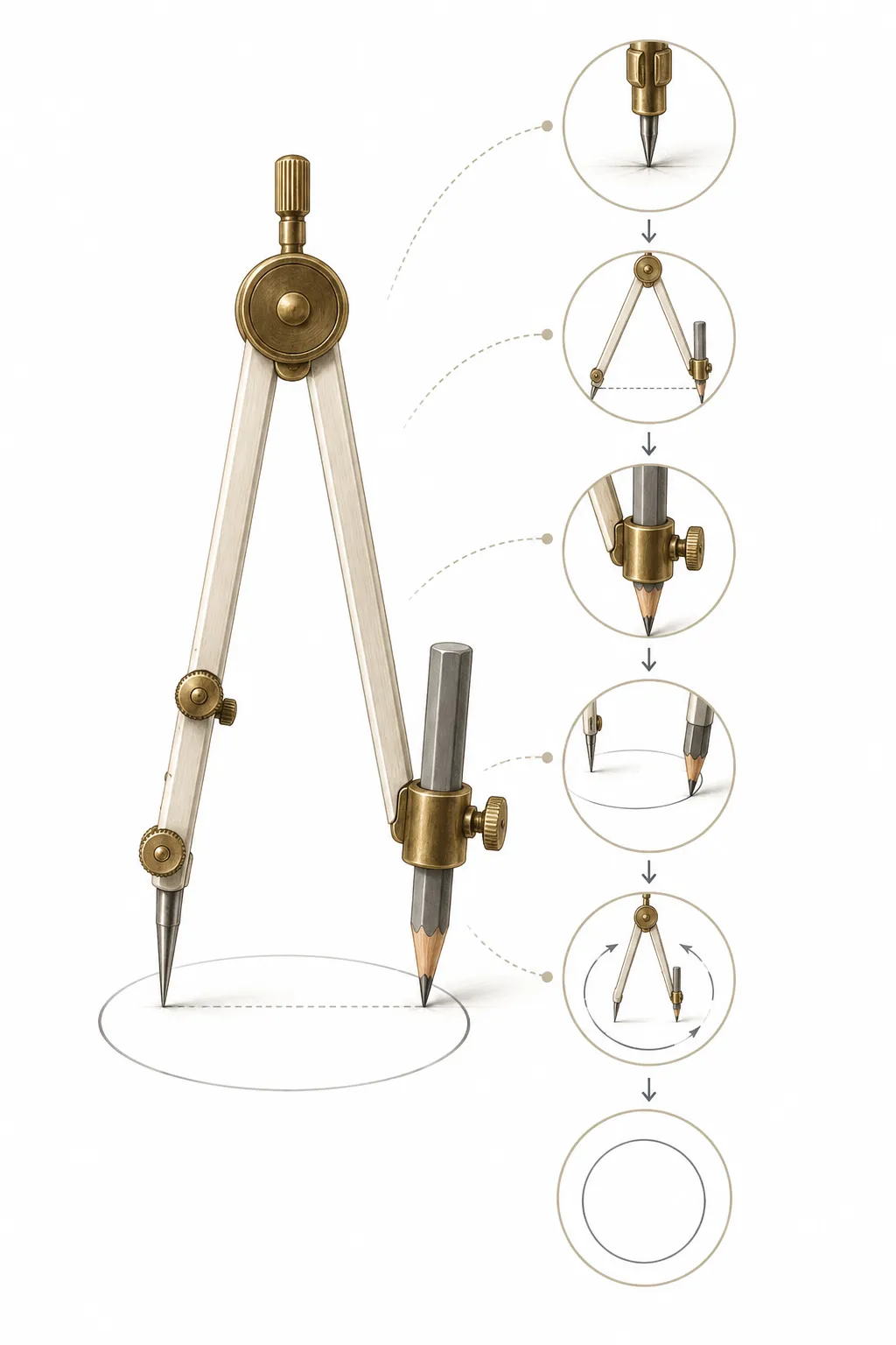 Diagram showing the rigid arm, the hinge, and the clamped pencil maintaining a fixed distance from the pivot