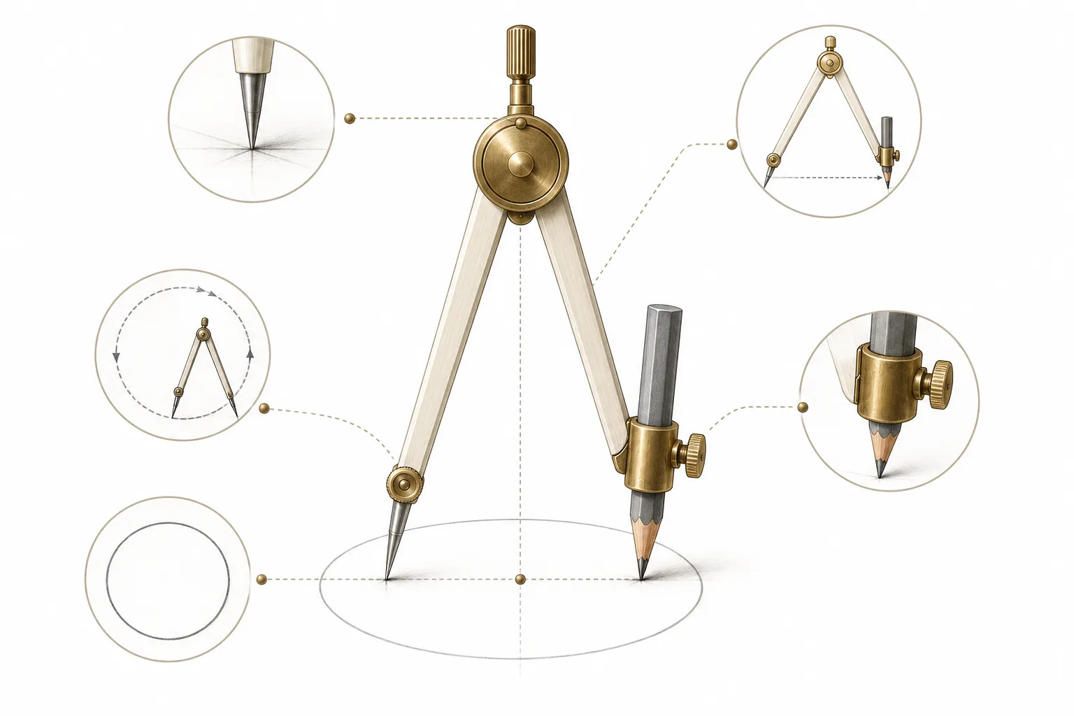 A close-up of the metal hinge and pencil clamp of a drafting compass