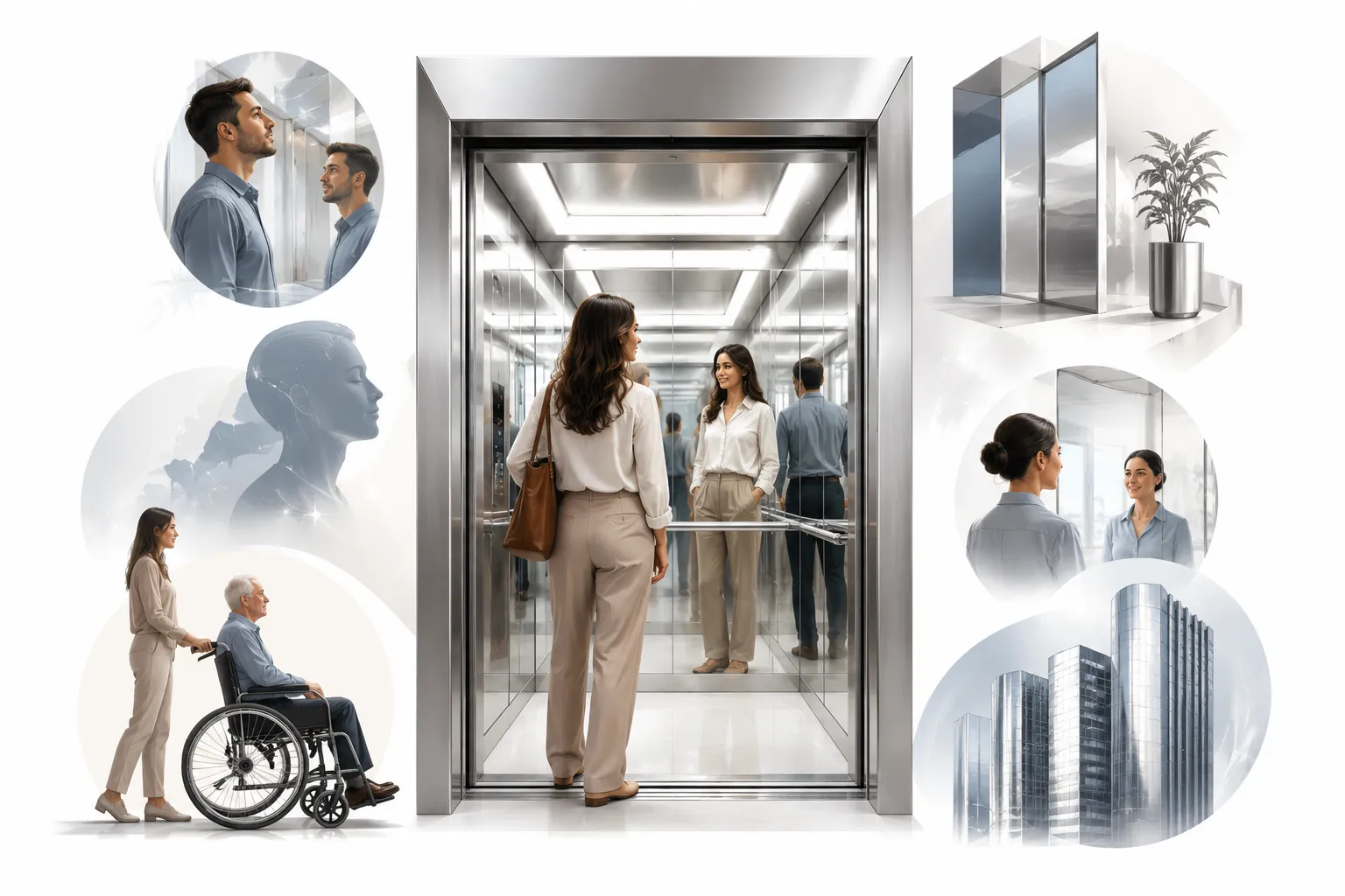 Interior of a modern elevator with a full-length mirror on the back wall