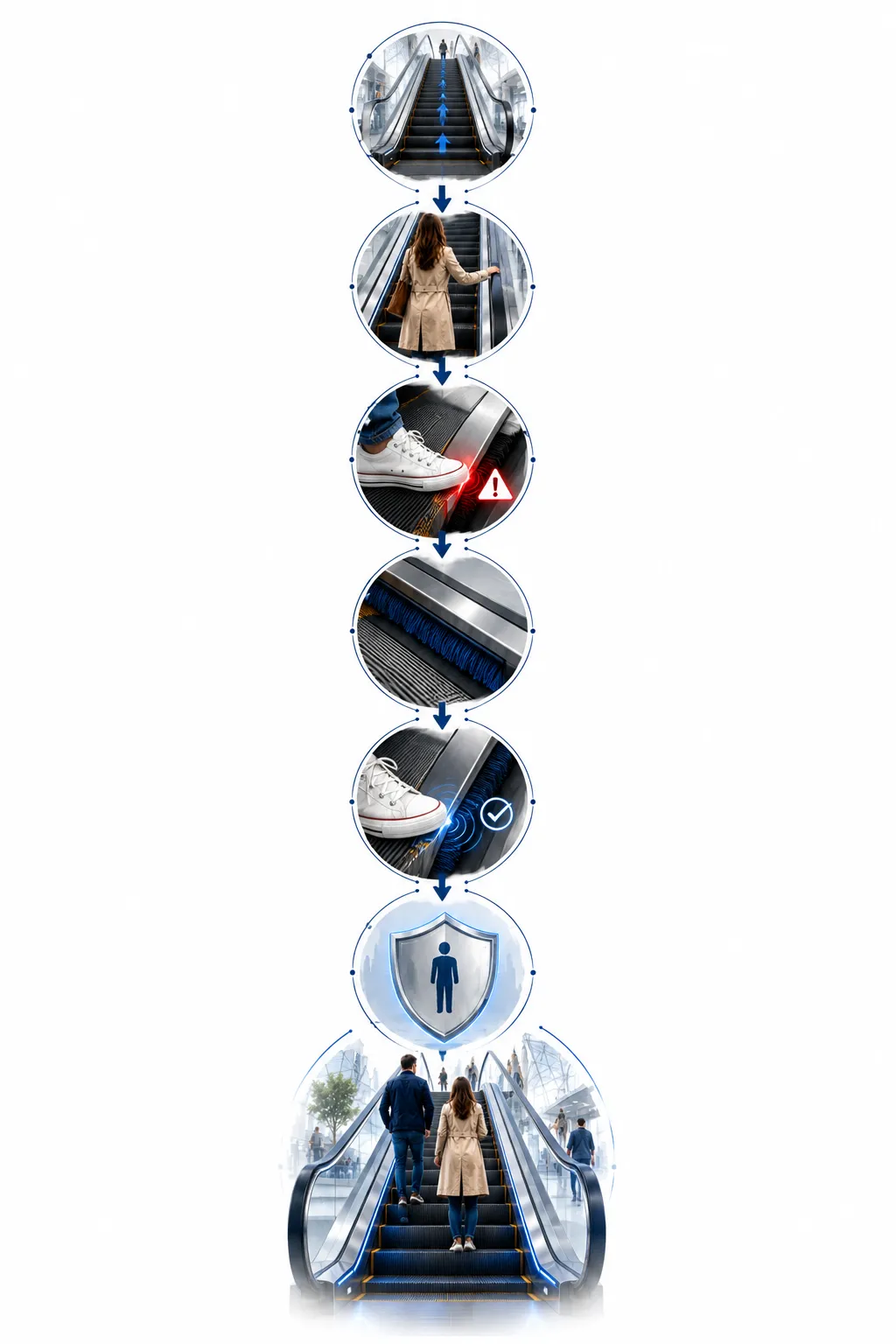 Diagram showing how escalator side brushes work