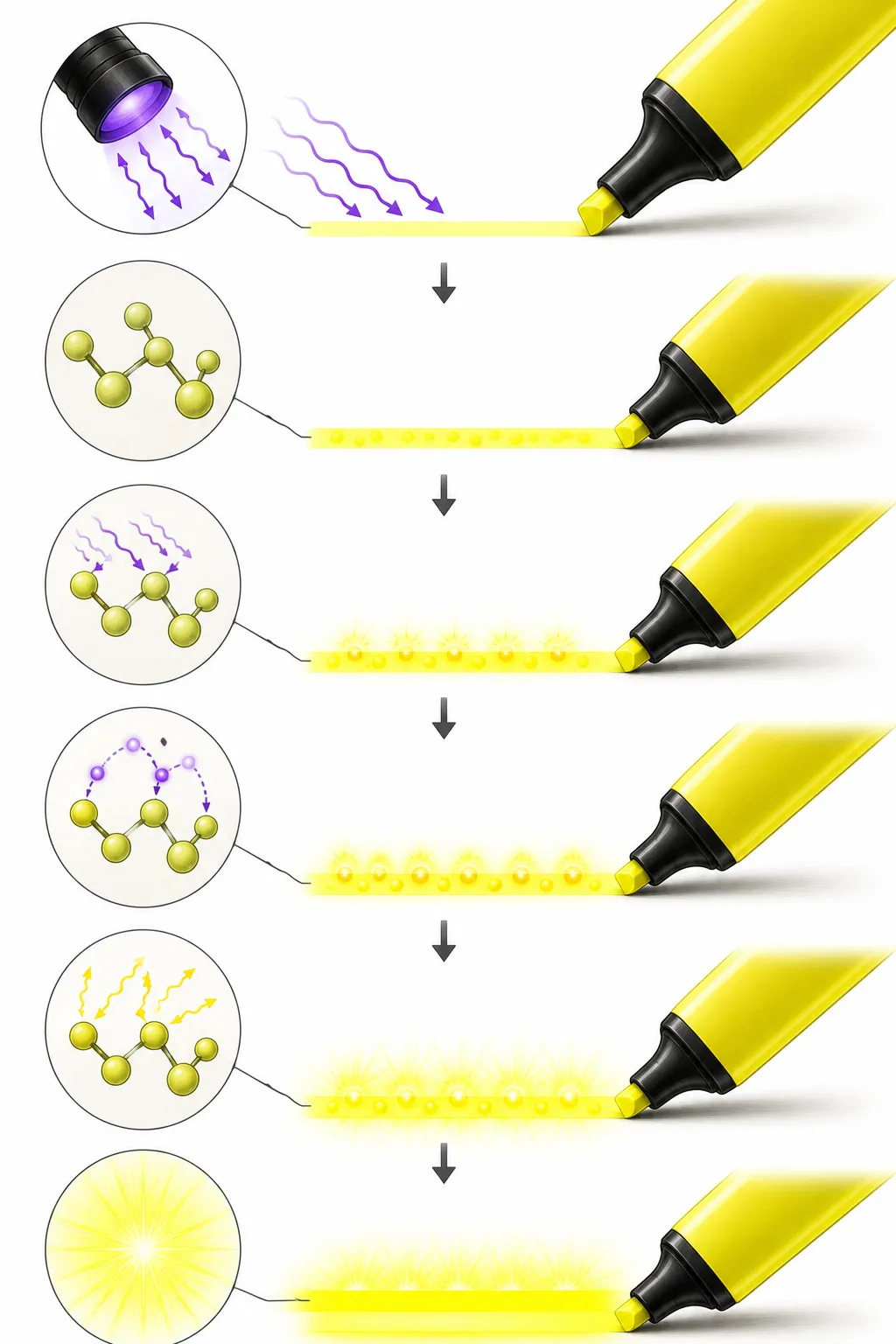 Diagram of a molecule absorbing a UV ray and emitting a visible light ray