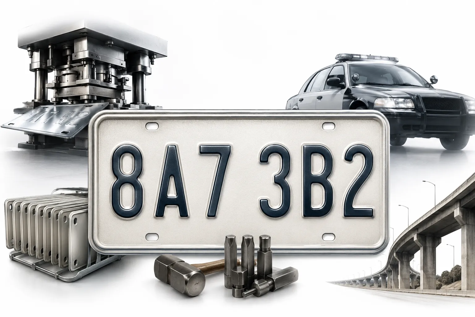 Close-up of embossed letters on a metal licence plate