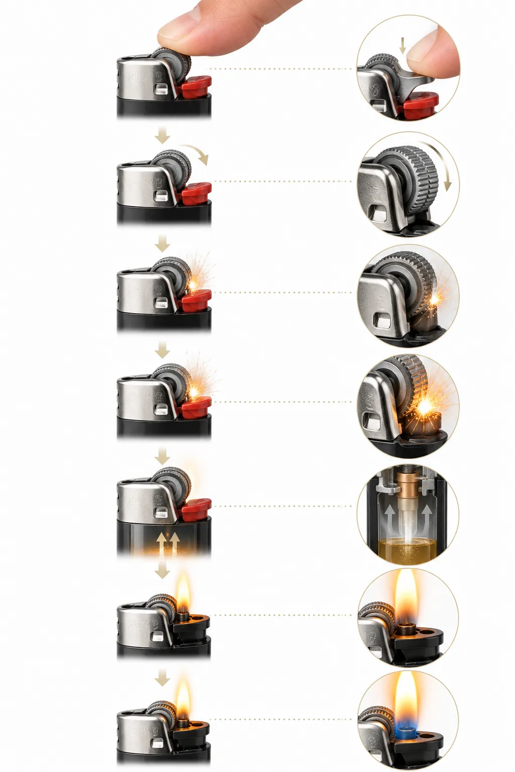 Cross-section diagram of a lighter wheel, flint, and spark path