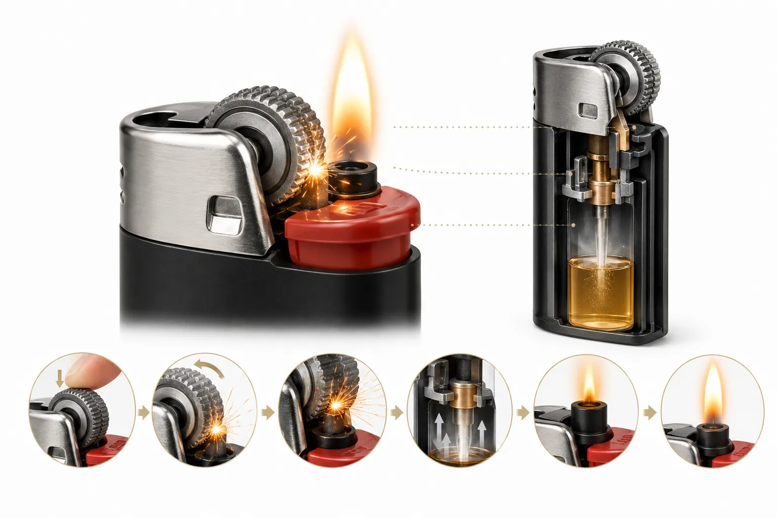 Close-up of a lighter's sparking wheel, teeth gleaming, with a spark trail
