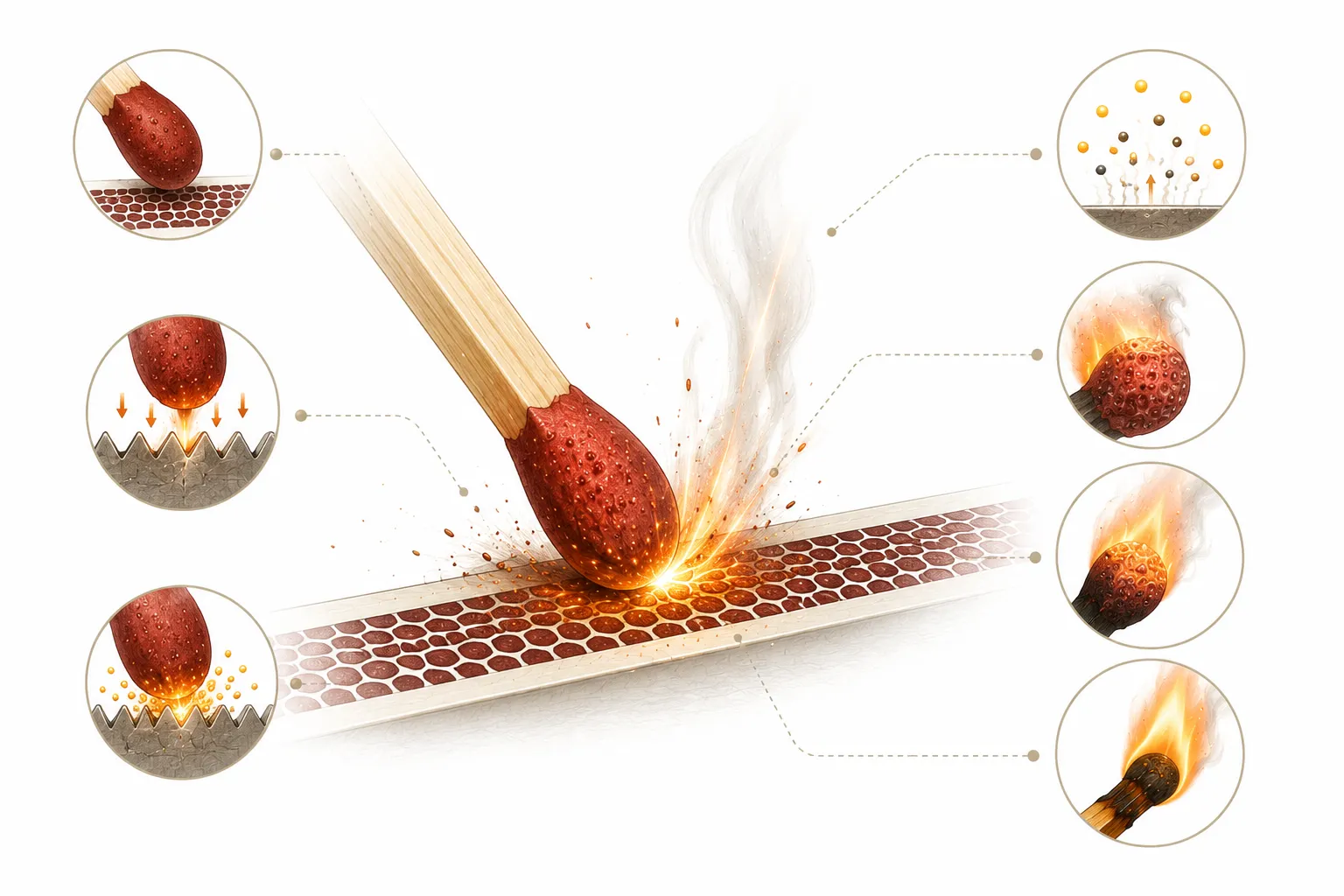 A match being struck against a box, with a chemical reaction diagram overlaid