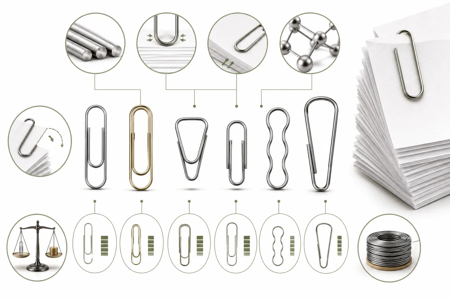 A line-up of various paperclip shapes: Gem, Ideal, Binder, Plastic coated