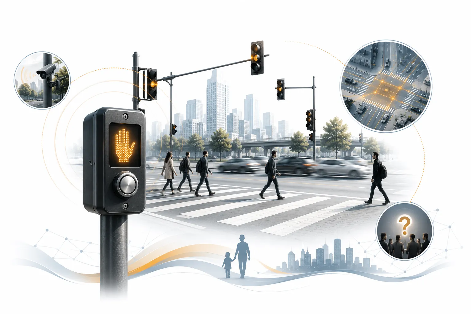 A pedestrian pressing a crossing button at a busy intersection