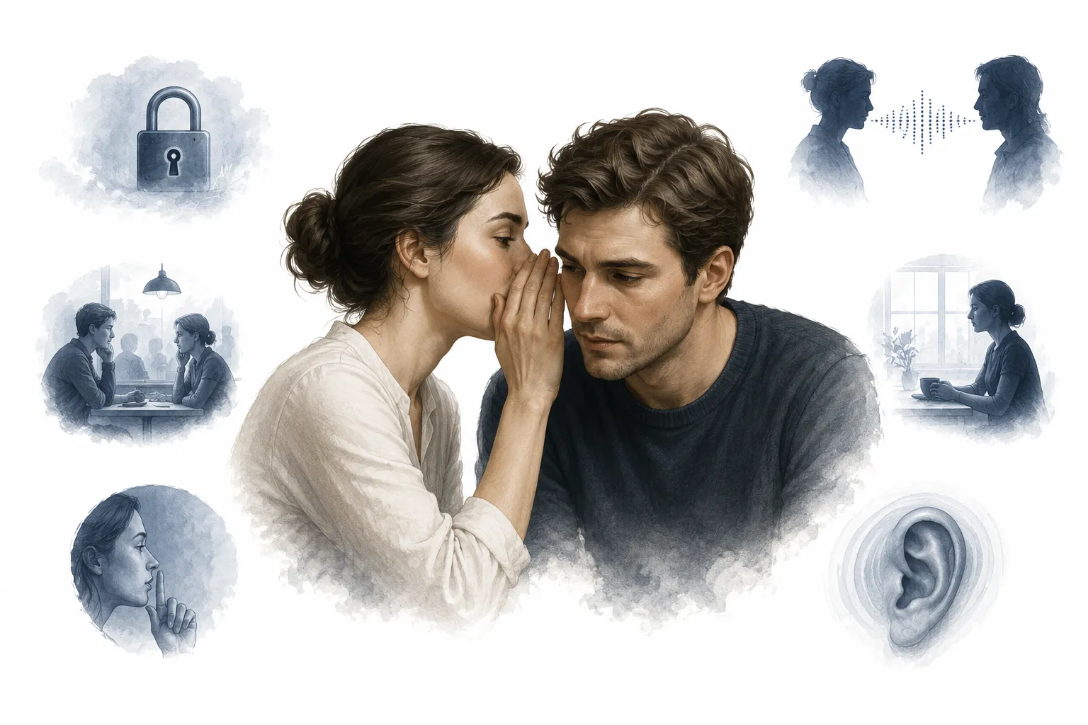 Editorial illustration of a cross-section of a human throat showing vocal cords resting while air squeezes past them during a whisper