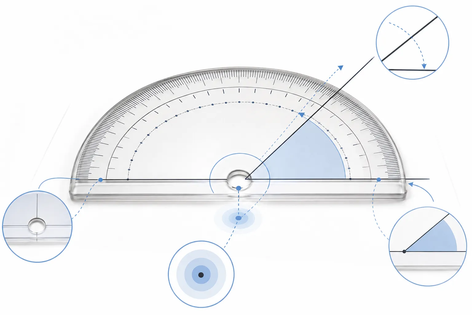 A pencil tip pointing through the center hole of a protractor onto graph paper