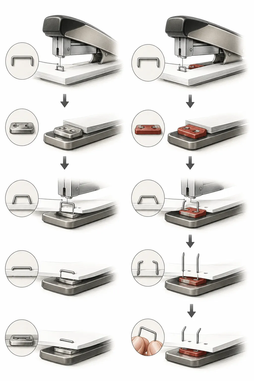 Diagram showing staple legs hitting inward grooves vs outward grooves on an anvil