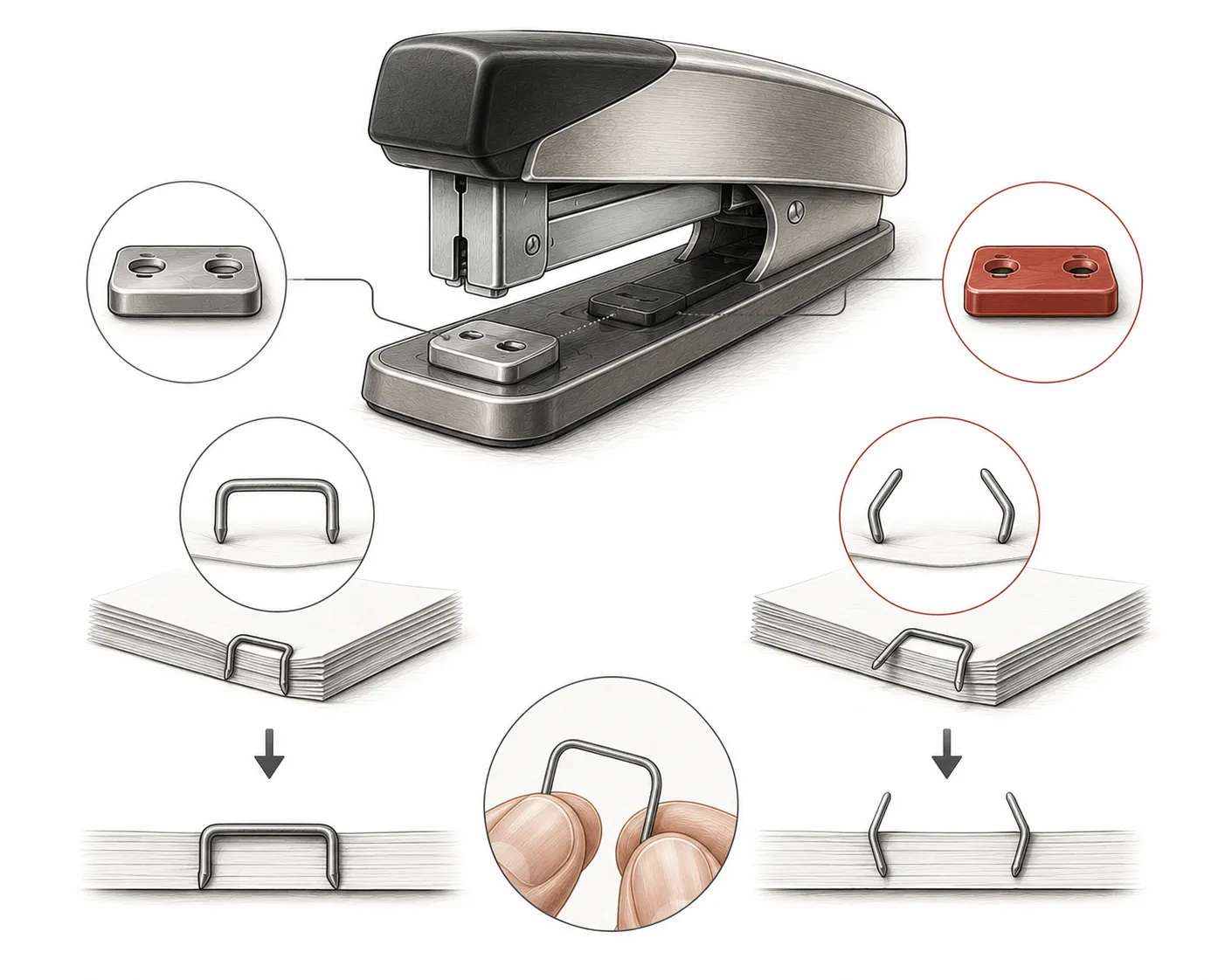 Close up of a stapler's base showing the rotating anvil plate
