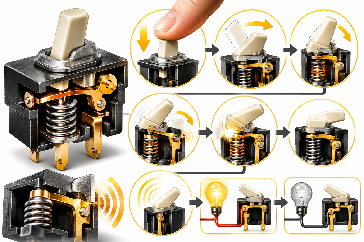 Diagram of a spring-loaded toggle switch showing the pivot point and the snapping motion