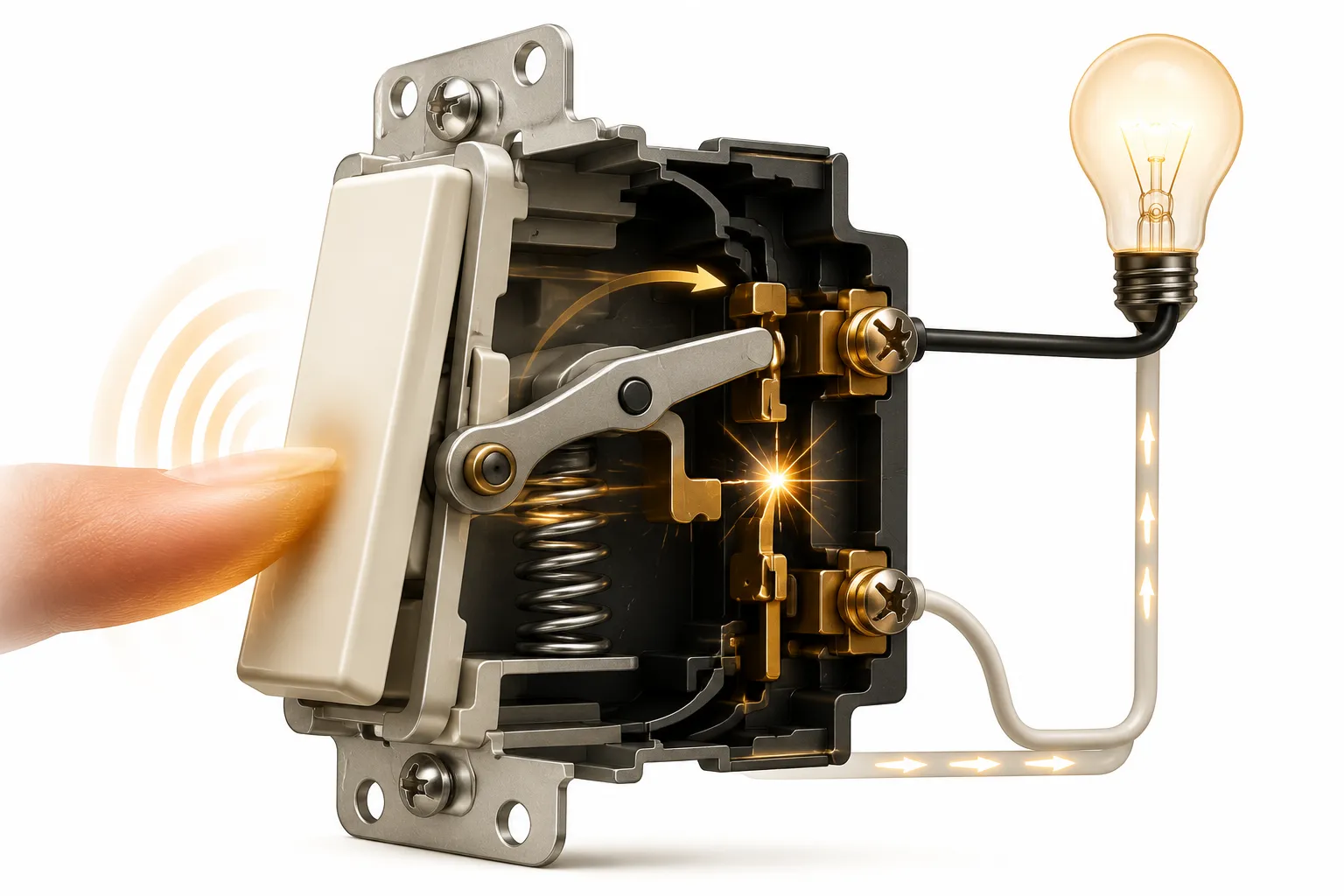 Cross-section illustration of a light switch mid-click, showing the spring snapping