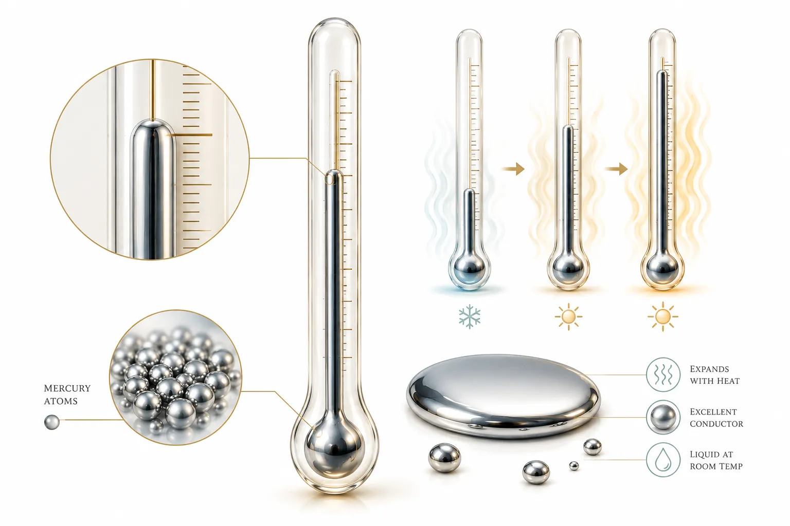 Diagram showing mercury rising in a thermometer as temperature increases