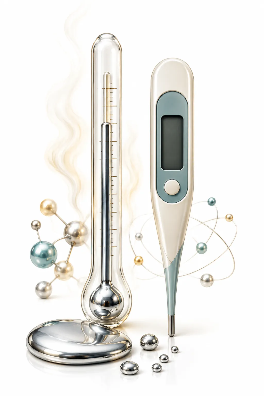 Editorial illustration of a classic mercury thermometer beside modern digital thermometers