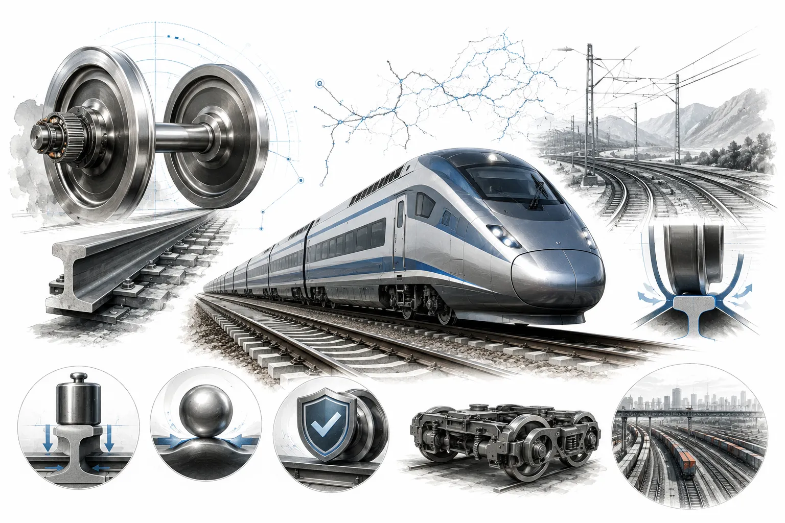 Close-up of steel train wheels on steel rails