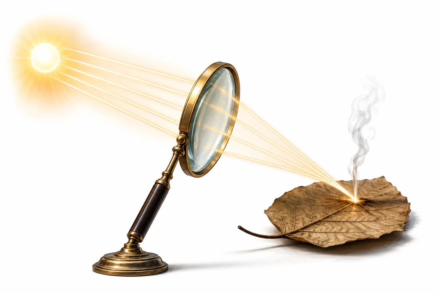 Editorial illustration showing sunlight focused by a magnifying glass onto a tiny bright point on a leaf