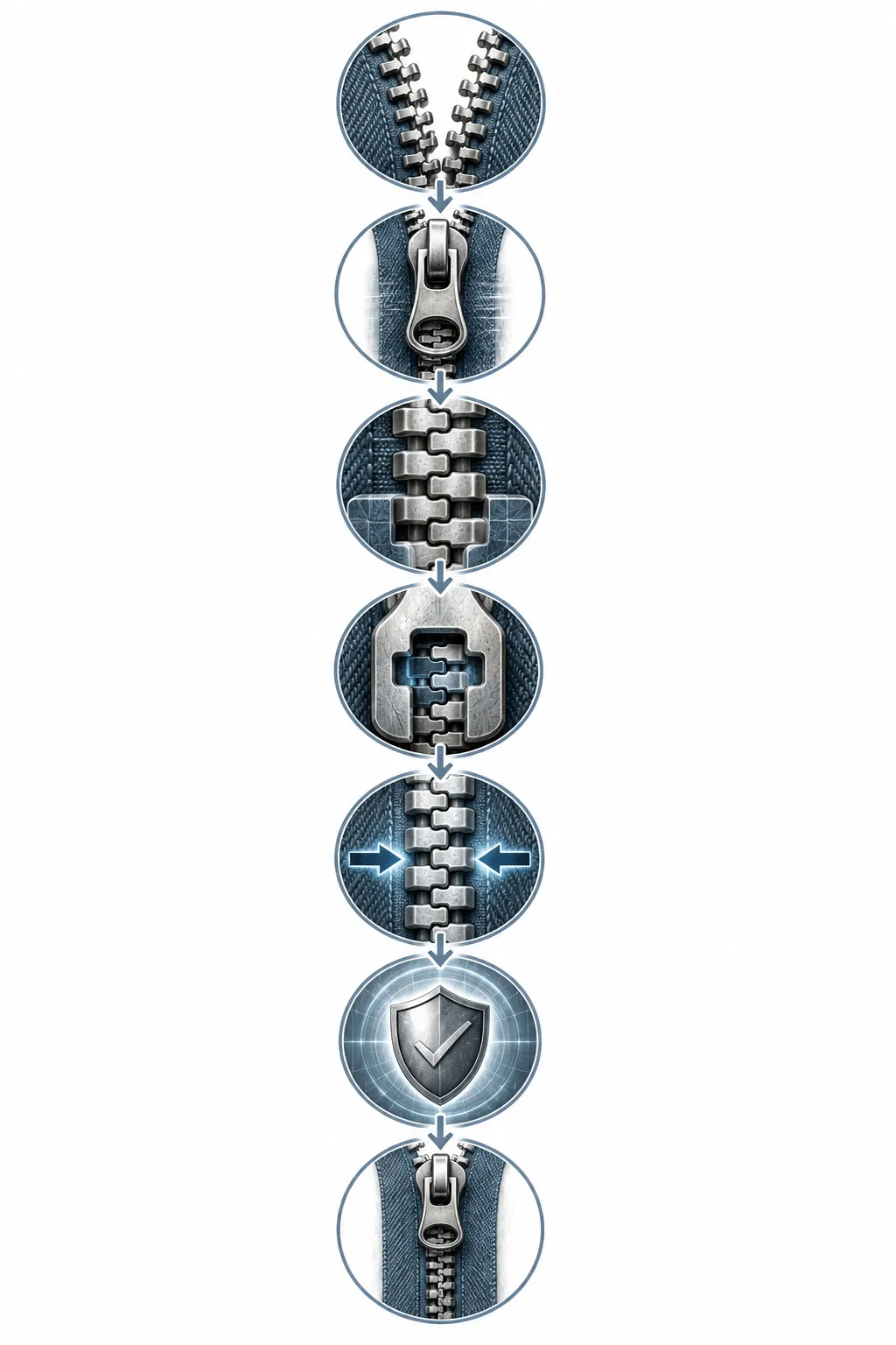 Diagram showing zipper teeth interlocking as the slider passes over them