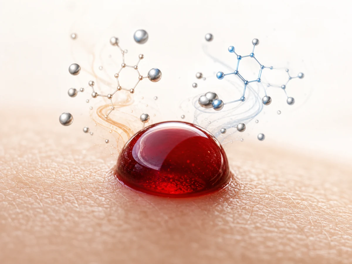Editorial illustration of a drop of blood on skin with an abstract molecular pattern