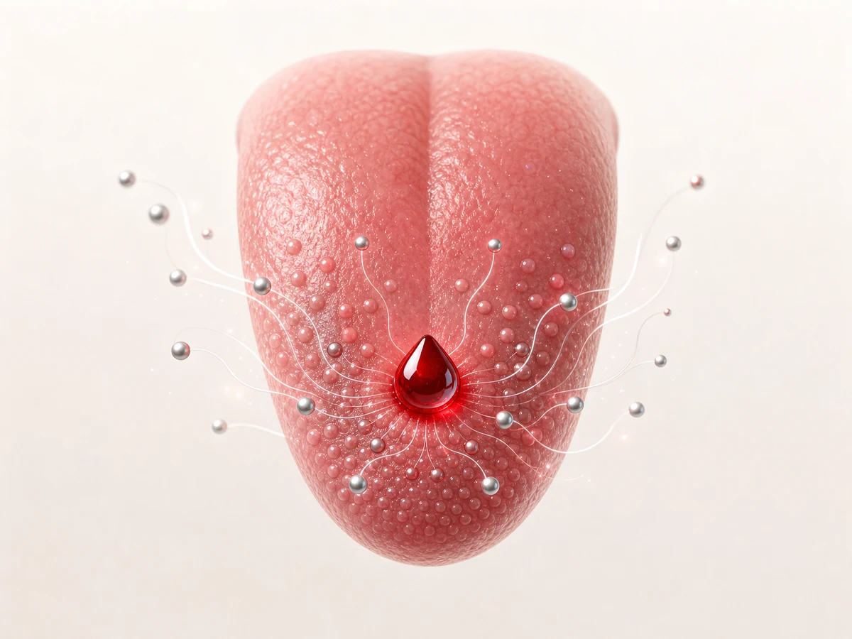 Editorial illustration of a tongue with a subtle metallic shimmer representing taste receptors